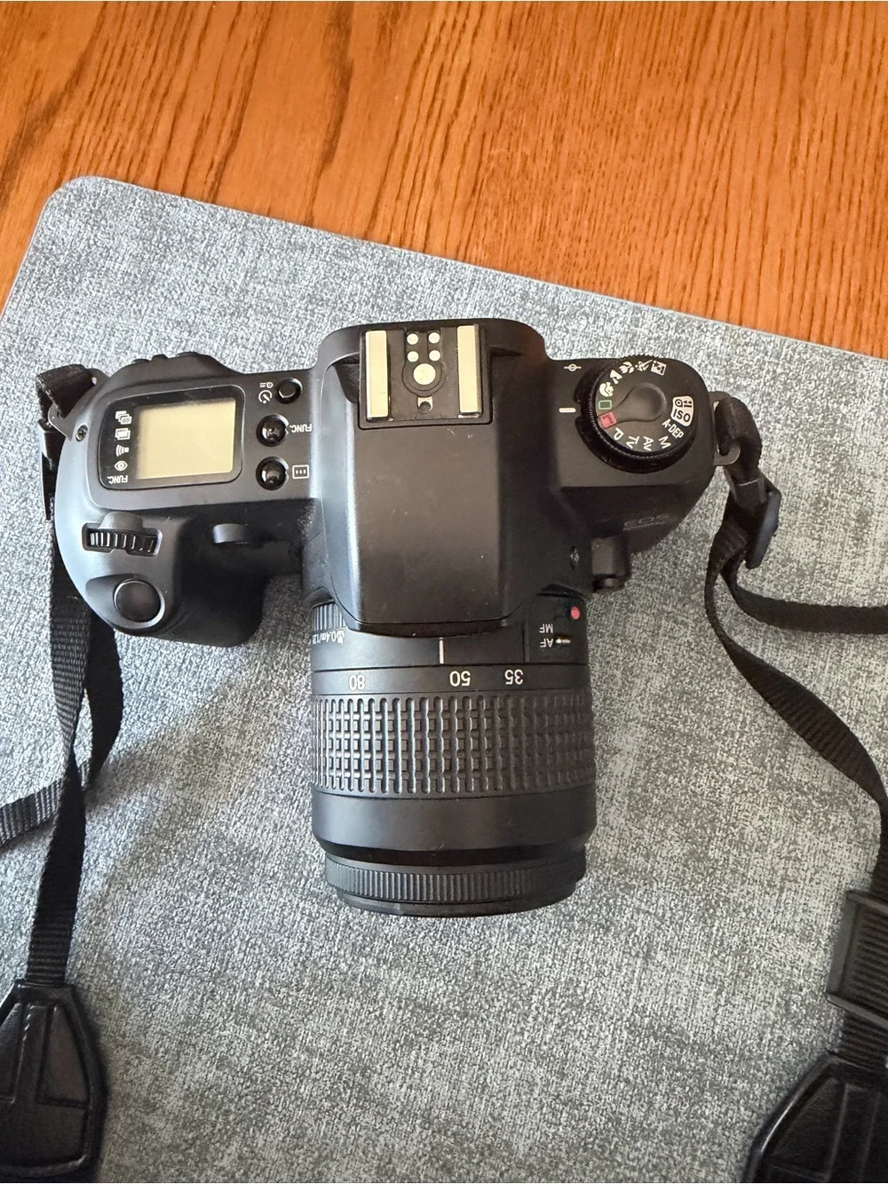 WORKING Canon DSLR Film Camera with Black Body and Blue-Red EOS Strap